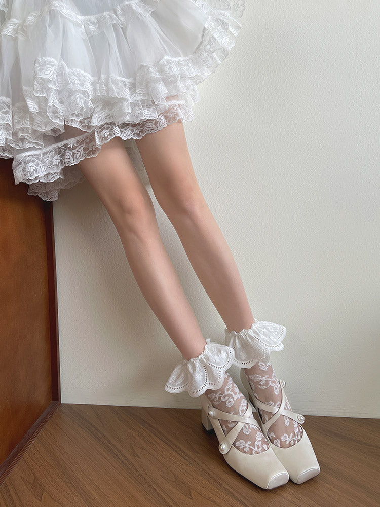 White Embroidered Pattern Trim Semi-Sheer with Wide Floral Socks