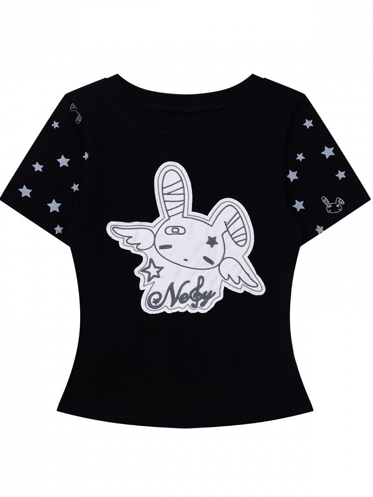 Otaku Style Black Star Tee with Bunny Patch