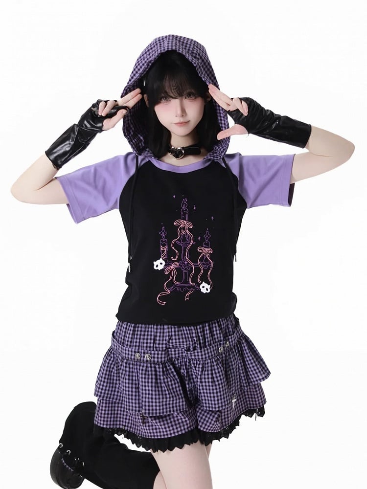 Plaid Hood Graphic T-Shirt Black  Purple Colorblock Design