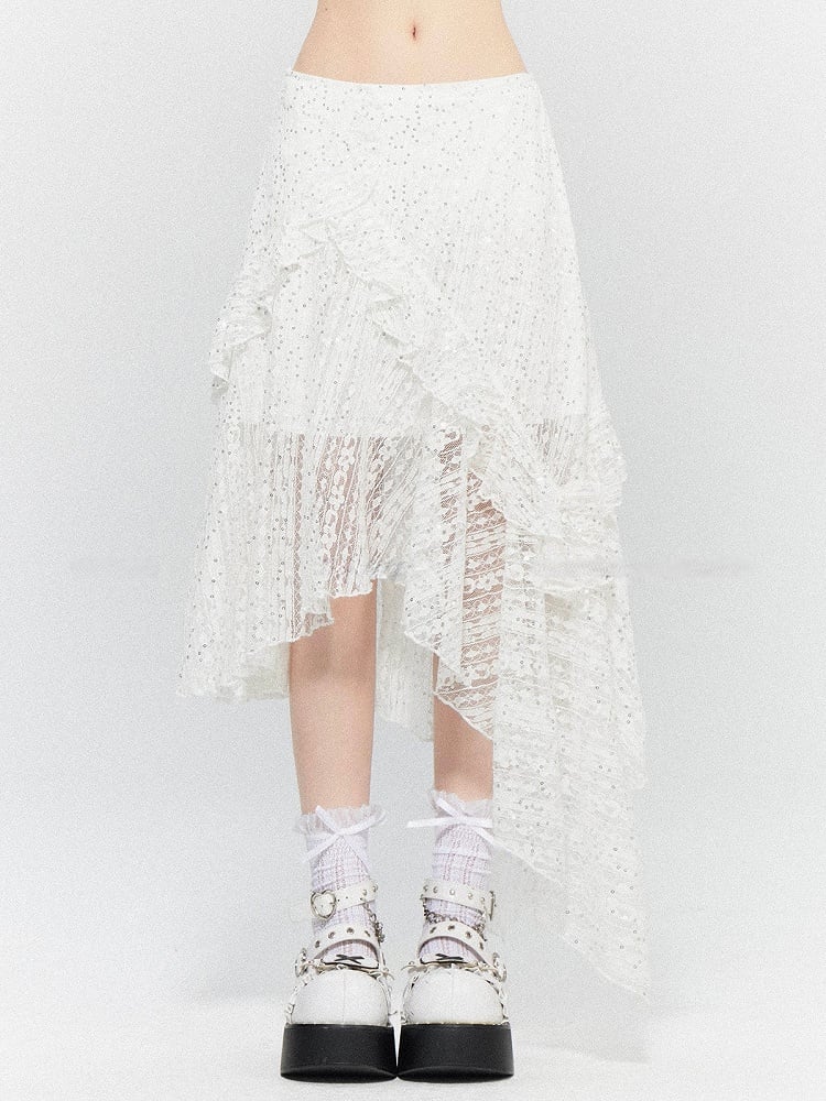 White Hem Skirt with Lace Tiered Sequin Details Asymmetric