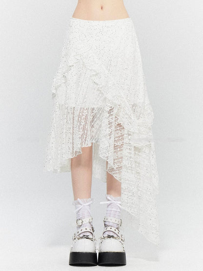 White Hem Skirt with Lace Tiered Sequin Details Asymmetric