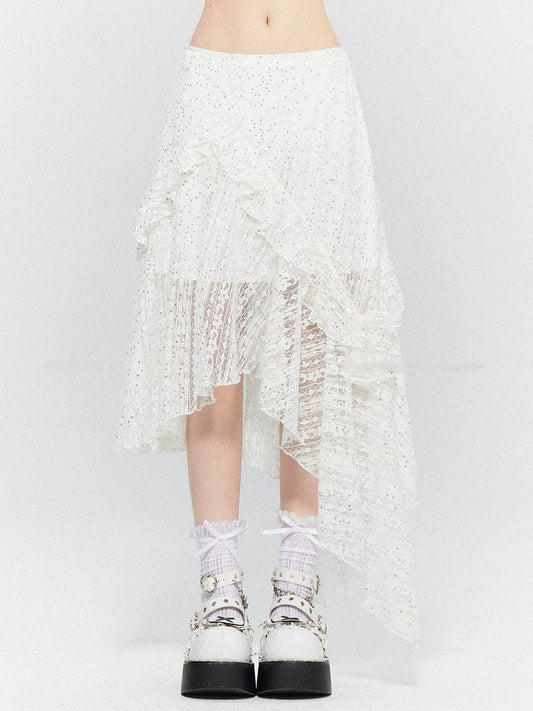 White Hem Skirt with Lace Tiered Sequin Details Asymmetric