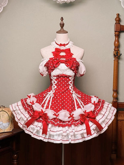 and Puff Dress Dot Sleeves School Polka Lolita Neck with Old Red Accents Halter Bow