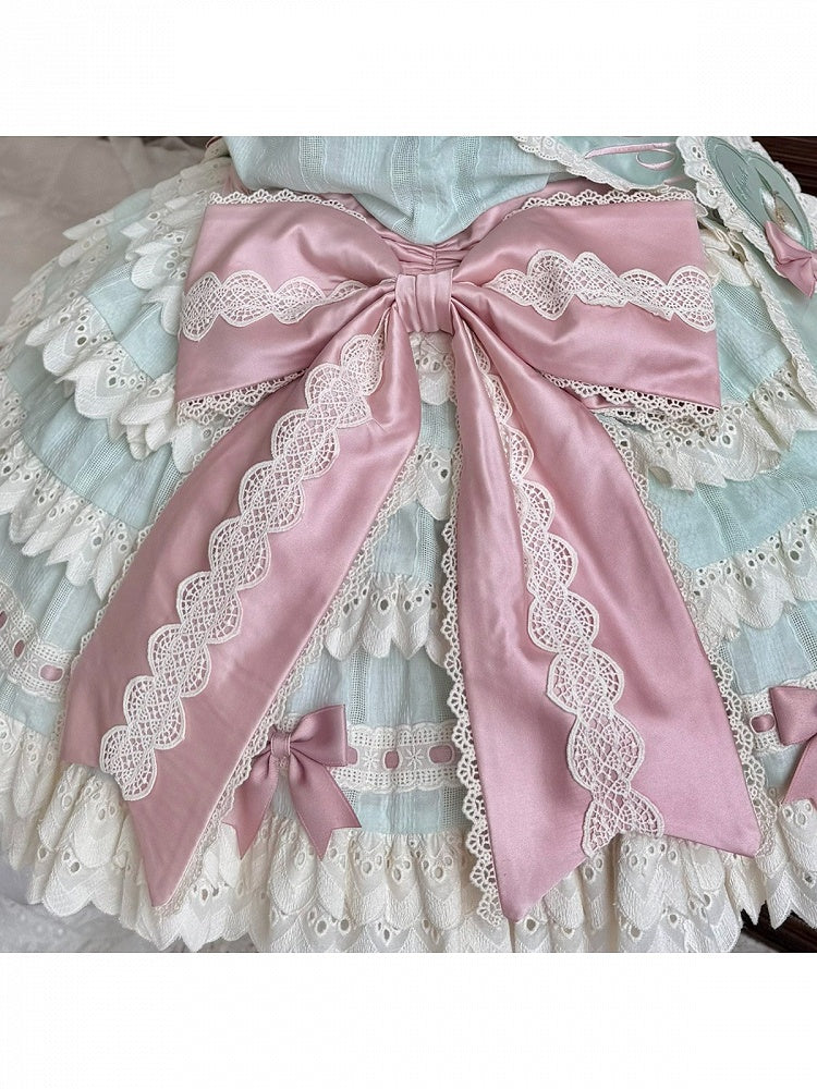 Lace-Adorned Lolita Train Skirt with Pink Ribbon Accent - Yinying Lolita