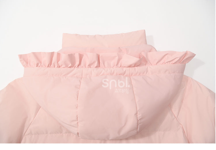 Rosa Daunenmantel mit Kapuze, Schleife und Horn-Knopf