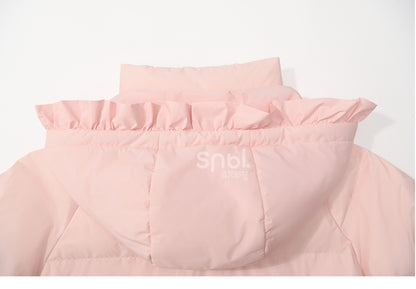 Rosa Daunenmantel mit Kapuze, Schleife und Horn-Knopf