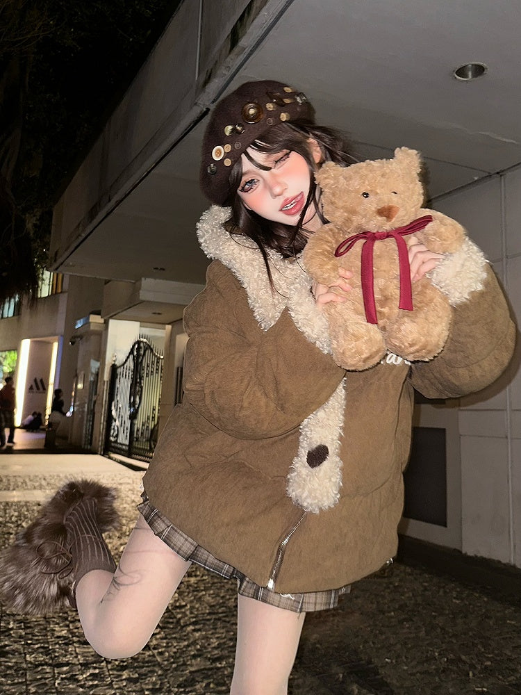 Cozy Brown Hooded Scarf Padded Coat with Furry Trim and Embroidered Bowknot