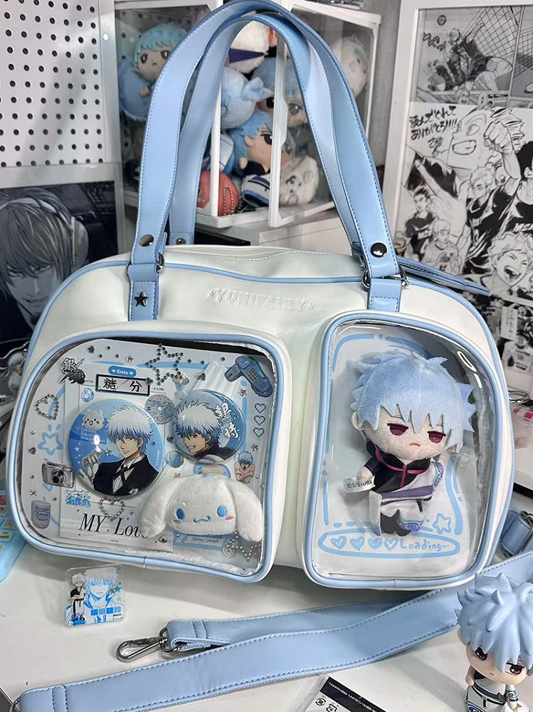 White & Blue Contrast Trim Bread-shaped Ita Shoulder Bag