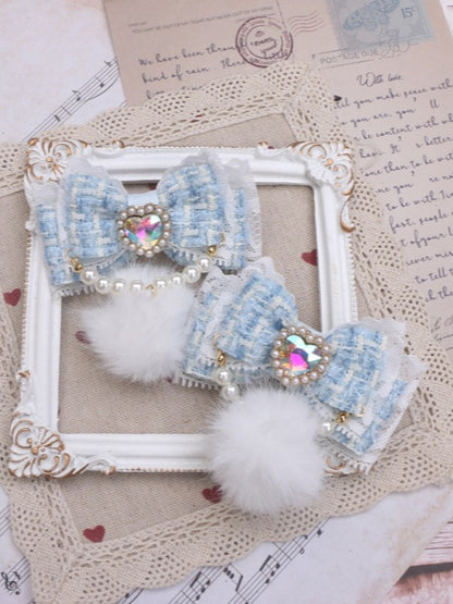 Rhinestone Color Hairclip Bowknot 7 Pearl With Kei Pom-Pom Jirai Heart Options Chain