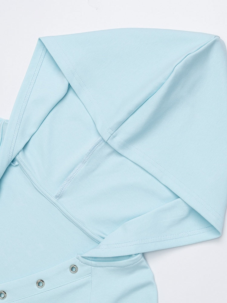 Blue Cropped V Neck Short Sleeve Hooded Letter Embroidered Top - Languid Park