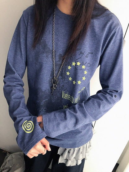 Y2K Purple Crew-Neck Long-Sleeved Loose Tee with Distressed Graphic - innomoood