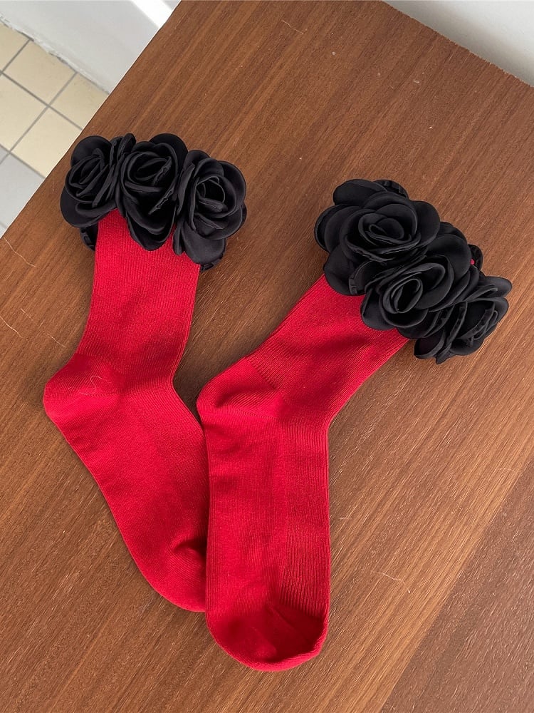 With Decoration Red Camellia White/Black Ankle Cuff Socks