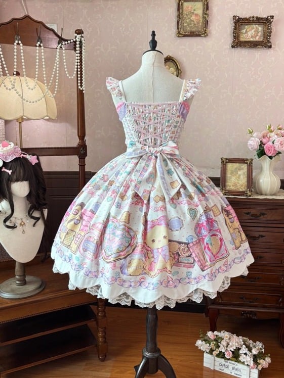 Adorable White Bear-Print Lace JSK with Ribbon Embellishments - Sweet Dream Shop