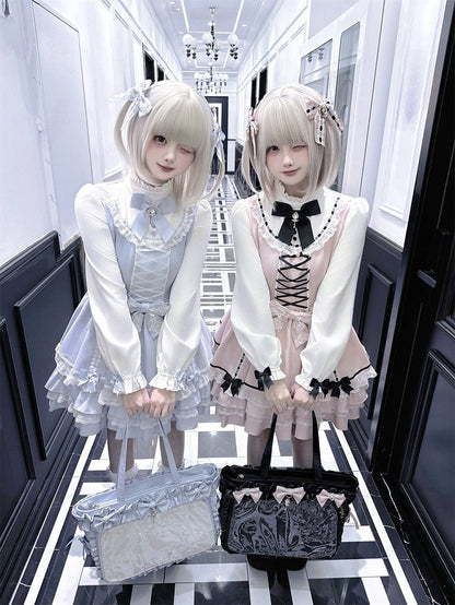 Jirai Blue Leather Capacity in Decor with Large PU / Black Ita Light Multiple - Pink Kei Bag Bow