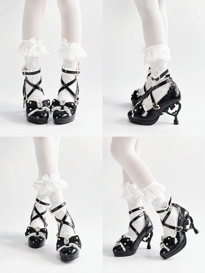 Ornate - Lolita Hime-Kei Heels Black Bow Beaded