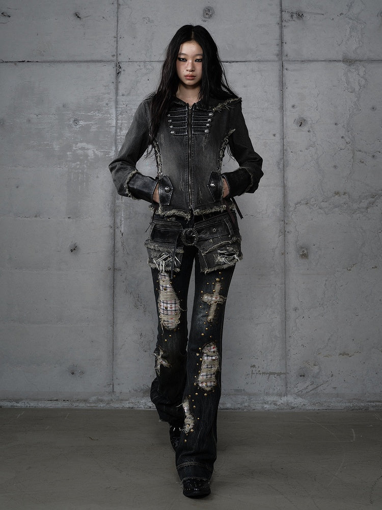 Karierte Distressed Patches Jeans Saum Punk mit ausgefranstem Black Wash Cross