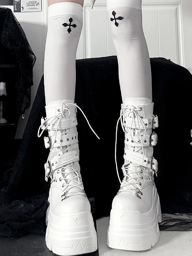 White in Boots System Kei Jirai Studs PU Platform Triple Details Fastening