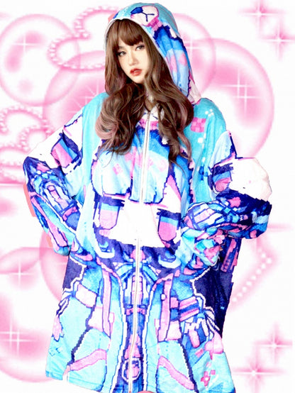 ブルーベリー Y2K ブルー フード付き ベア ジャケット プリント 漫画