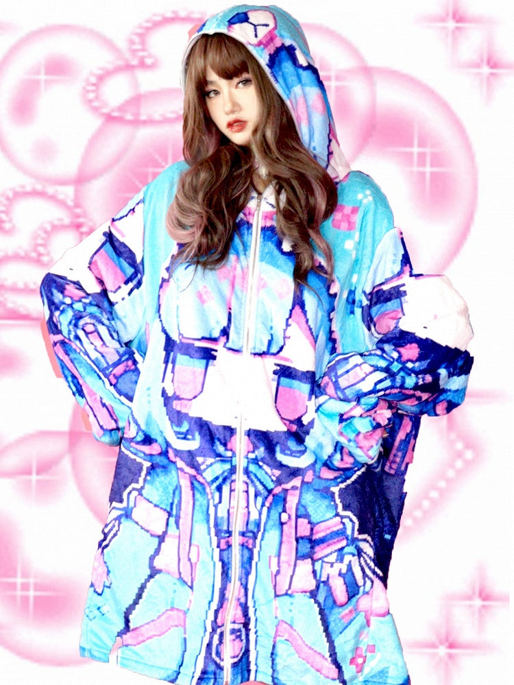 Bärendruck Blau Y2K Cartoon Jacke Blaubeere Kapuze