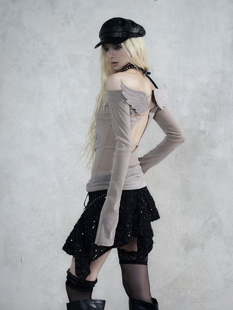 Grey Heart Print Off-Shoulder Long Sleeve Flocked Knit Top with Back Cutout & Wing Decoration - NO ROMANCE