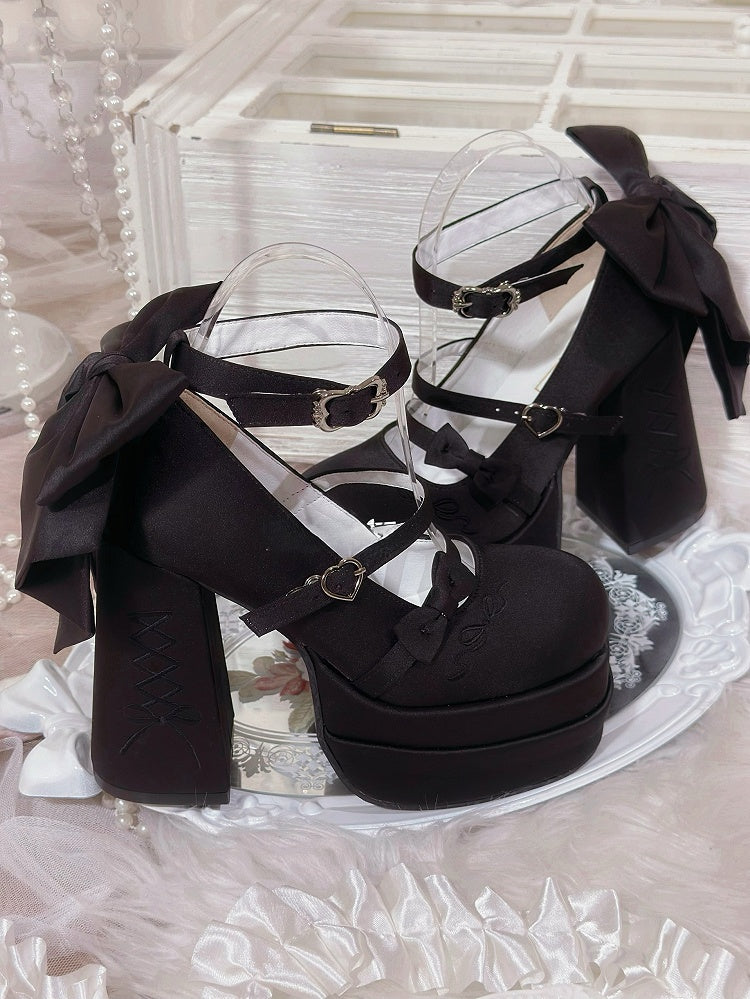クラシックなプラットフォームブラックの蝶結びジェーンズロリータエレガントハイメリーヒール