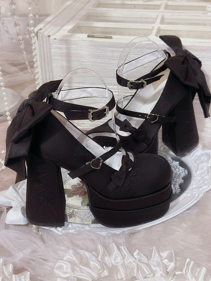 クラシックなプラットフォームブラックの蝶結びジェーンズロリータエレガントハイメリーヒール