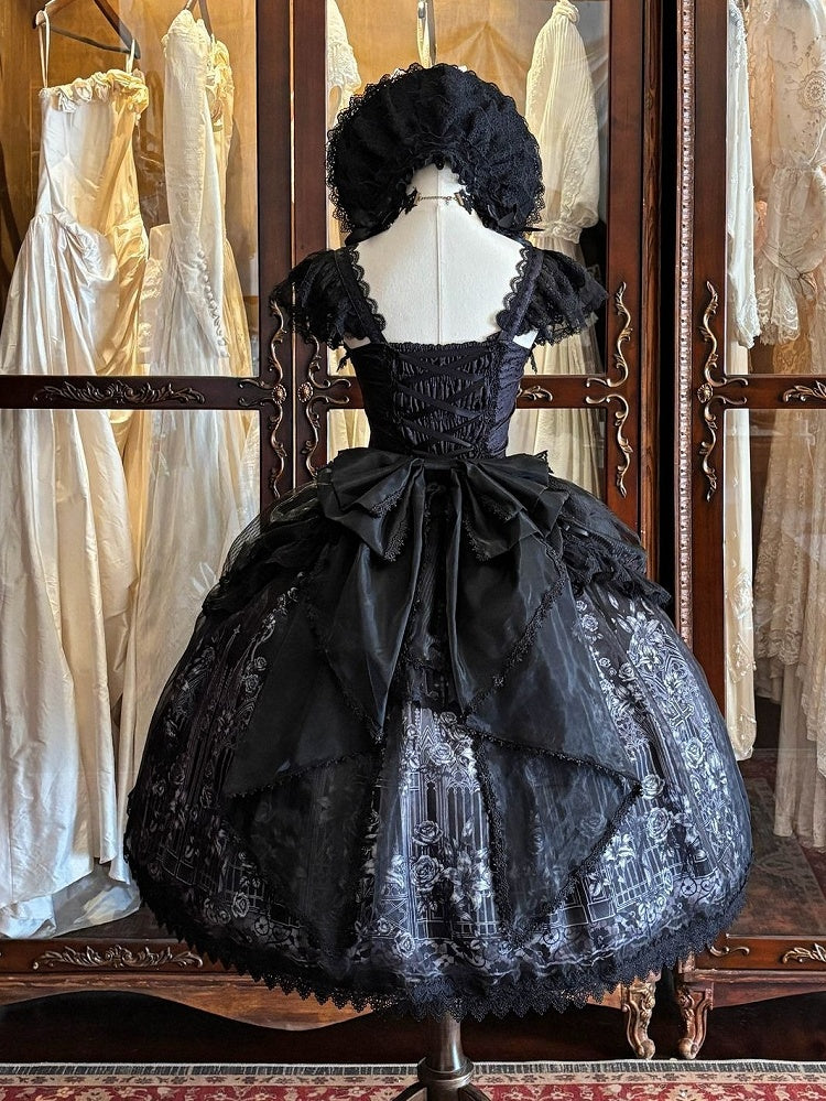 Black Gothic Square Neck JSK Dress with Train - Miss Han