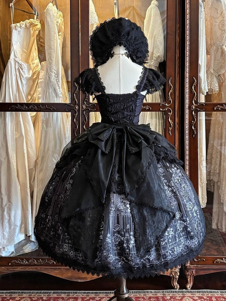 Gothic Black Square Neck Lace Trim JSK Dress - Miss Han