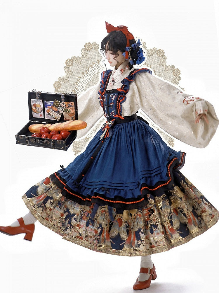 Lolita Hanfu Set Beige Blouse Blue Skirt Apron Rabbit Embroidery - Zao Jing Ji