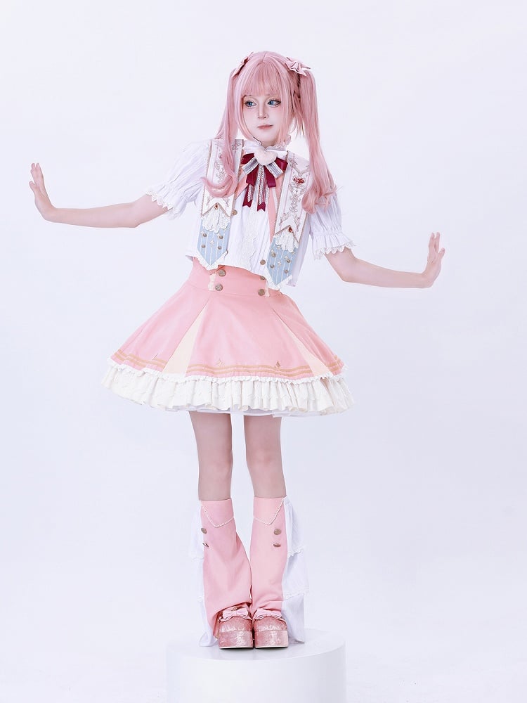 Buttons Gold-Tone Lace Trim Skirt Pink with and Waist High Lolita