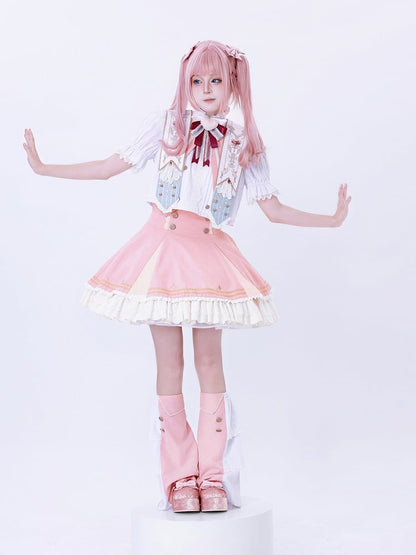 Buttons Gold-Tone Lace Trim Skirt Pink with and Waist High Lolita