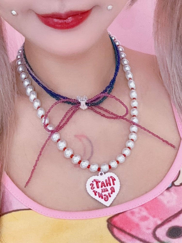 Pendant Letter Y2K Print Heart Beaded Pearl Necklace Red With