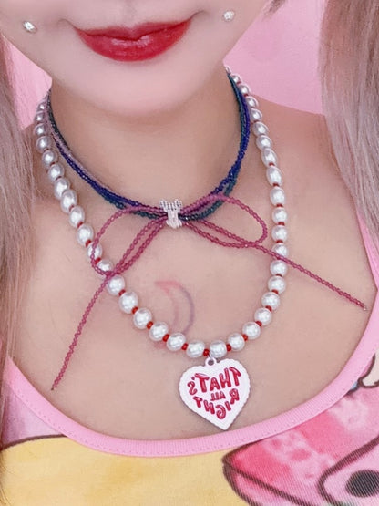 Pendant Letter Y2K Print Heart Beaded Pearl Necklace Red With