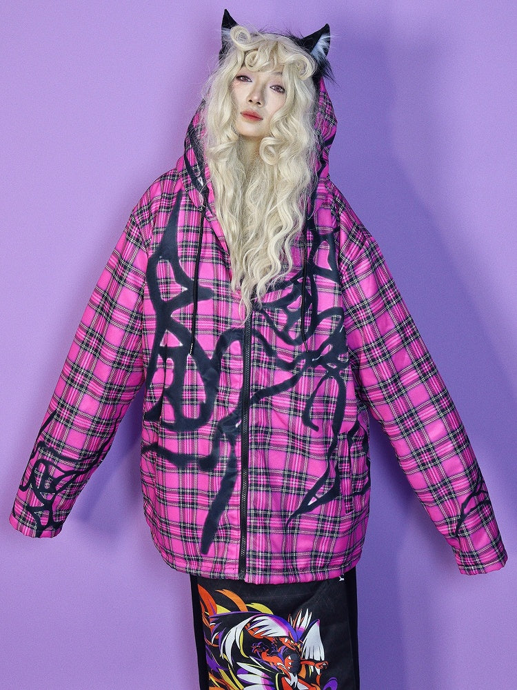 Fleece-Lined Hoodie Jacket Red Y2K Oversized Plaid Pattern Rose