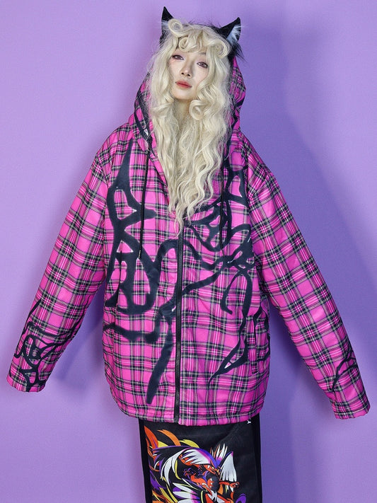 Fleece-Lined Hoodie Jacket Red Y2K Oversized Plaid Pattern Rose