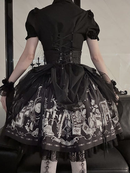 Waist Boned Skirt Gothic Black Corset with High Belt Print Butterfly Lolita