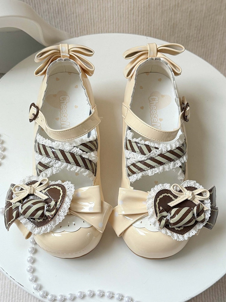 Lolita PU Mary Clip Heart Brown Leather Yellow Low-heel Janes - Candy in Sweet