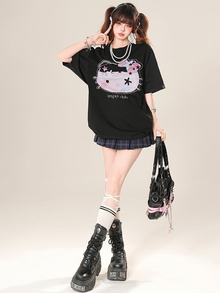 T-Shirt Grau/Schwarz Strass Halskette Kitty Perlen verziert mit Daily Print Kawaii