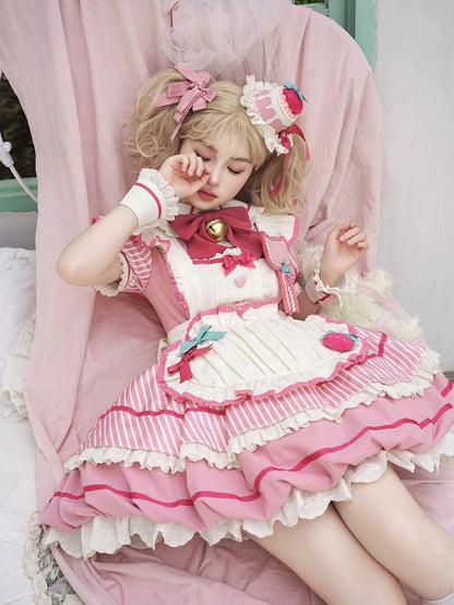 Strawberry Theme Sweet Lolita OP with Apron, Sakura Pink Striped Pattern - Sakurahime