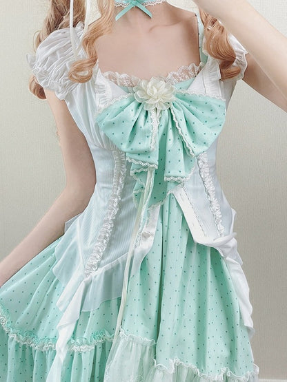 Polka Dot Bow Asymmetric Hem JSK Dress with Lace Choker - Tan Tuan