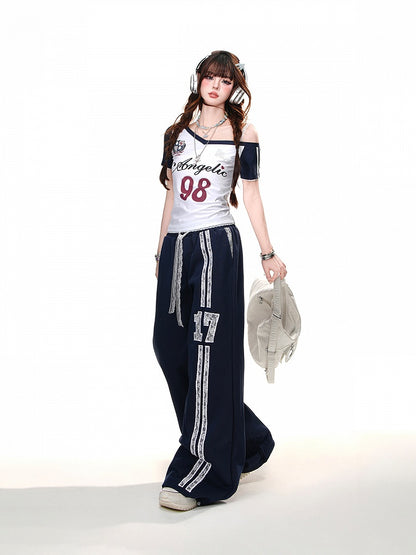 Waist Sports Navy Blue Elastic Waist Lace Drawstring Wide-Leg Pants