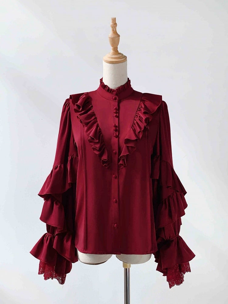Vampire Sleeves Wine Ouji Long Lolita Shirt Red Neckline Ruffle
