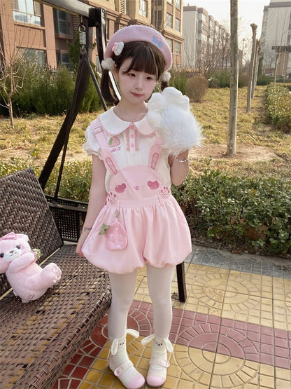 Adorable Bunny Design Pink Overalls Bubble Shorts