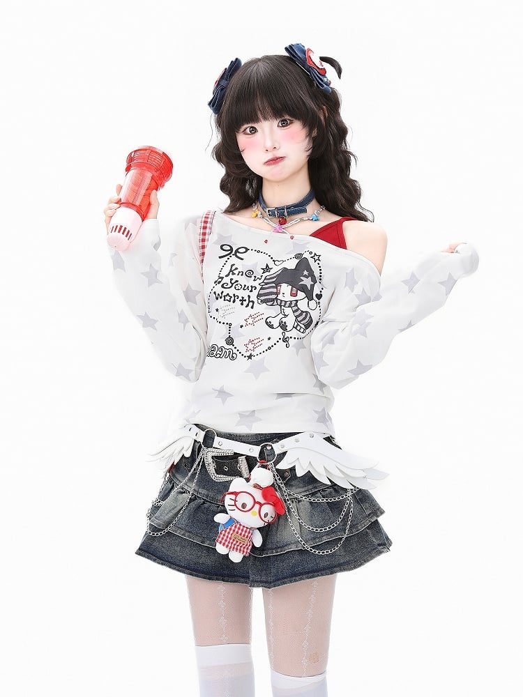 with Faux and White/Yellow Asymmetrical Two-Piece Top Cartoon One-Shoulder Star Print