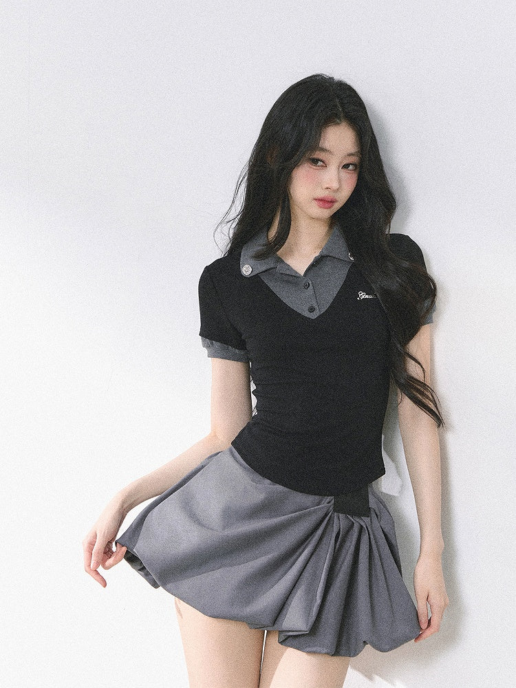 and Gray Polo Collar Preppy Style Faux Two-pieces T-shirt Black