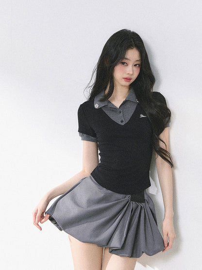 and Gray Polo Collar Preppy Style Faux Two-pieces T-shirt Black