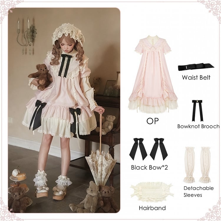 Versatile Bows and Pink Design Dress Lolita Fashion Black Waist Belt Drawstring with