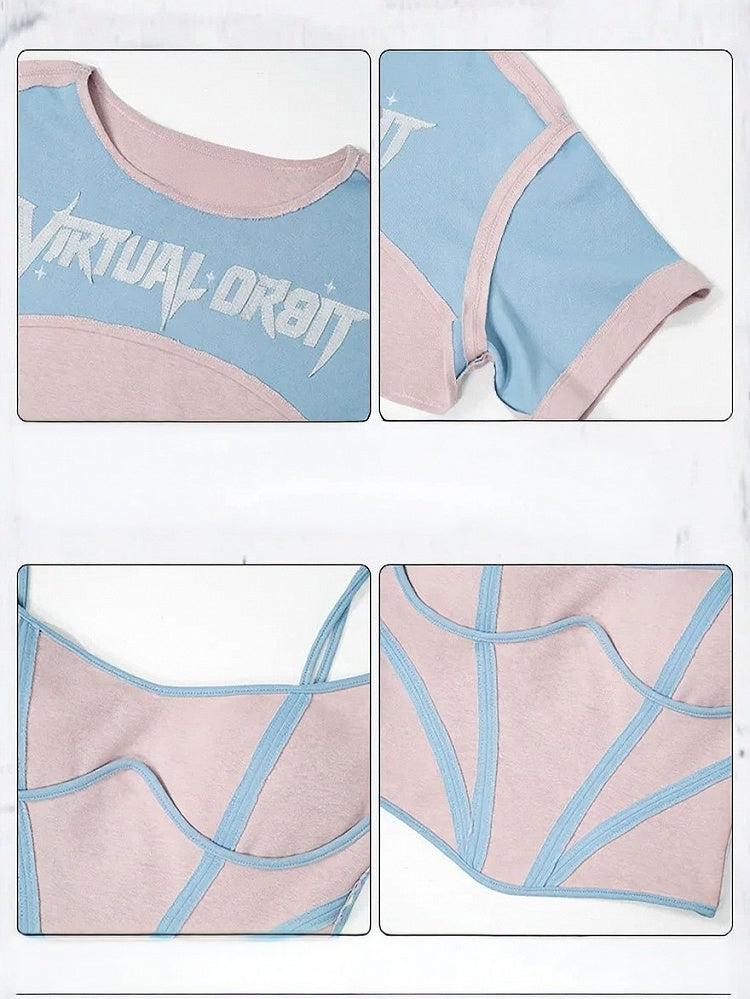 Y2K Blue & Pink Round Neck Short Sleeve T-Shirt + Sleeveless Top Set - Virtual Orbit
