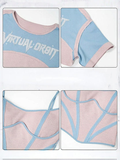 Y2K Blue & Pink Round Neck Short Sleeve T-Shirt + Sleeveless Top Set - Virtual Orbit