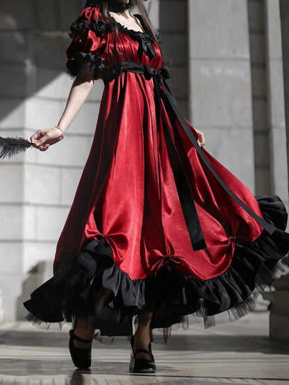 レッドエンパイアウエストマキシドレス ビーズディテール エレガントロリータ